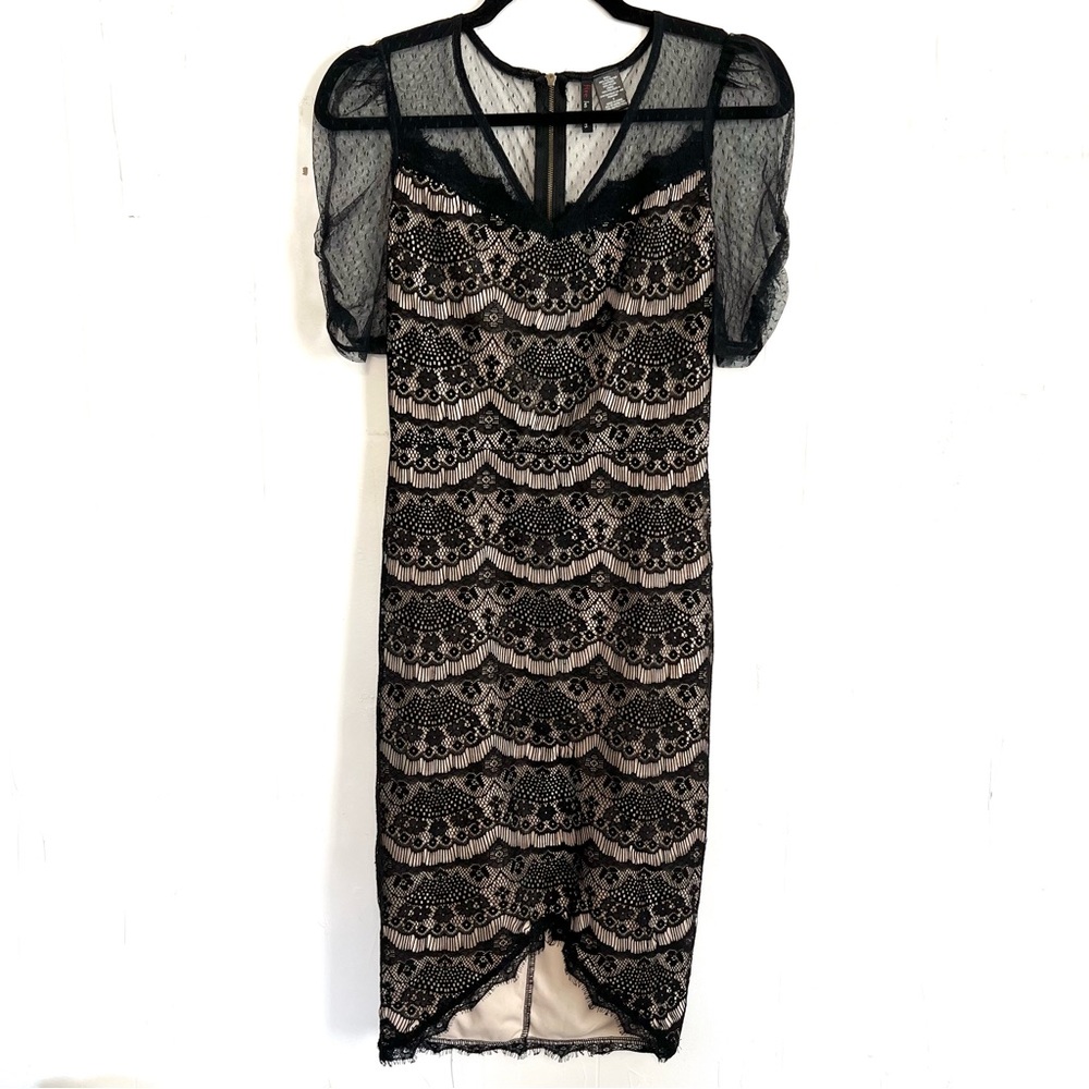Fire Los Angeles Dress Fitted Bodycon Black Beige Lined Swiss Dot Mesh Small - Picture 1 of 5